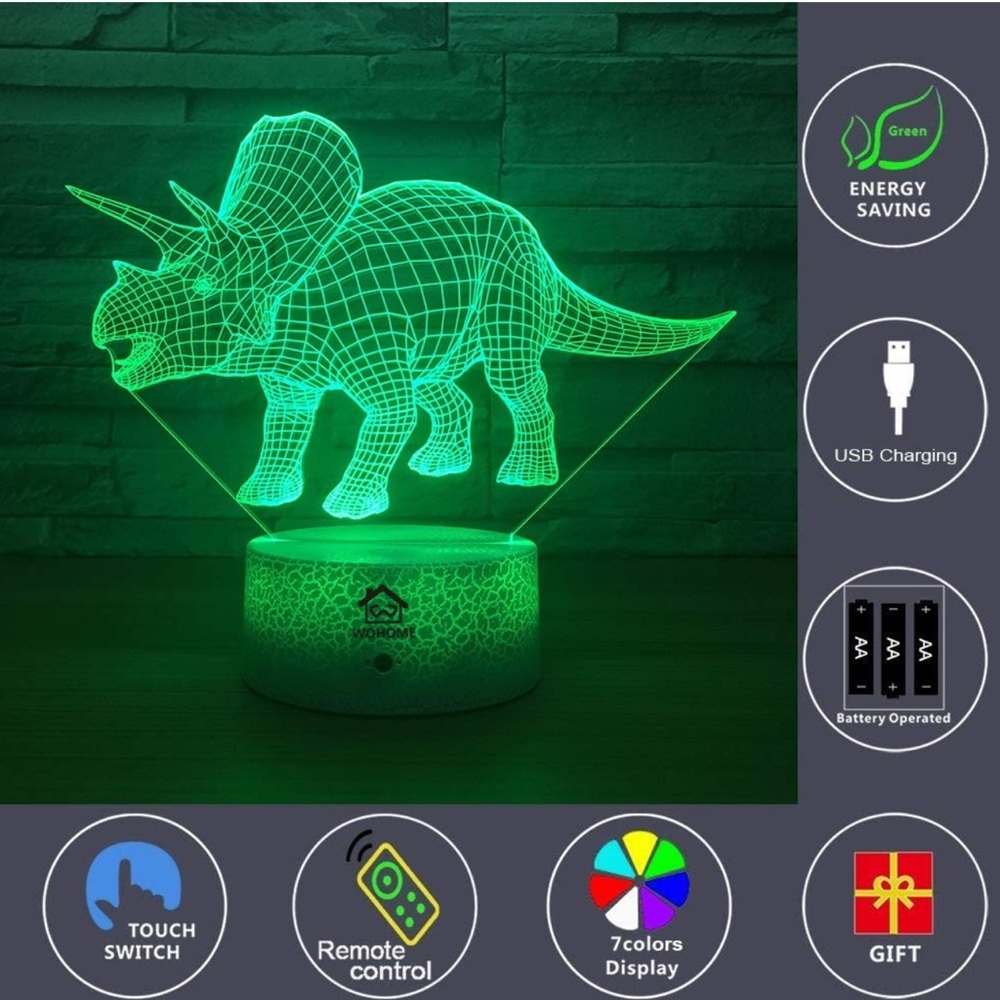 3D Night Lights Lamp 7 Colors Changing Touch Switch Remote Control (Triceratops) - Picture 3 of 5
